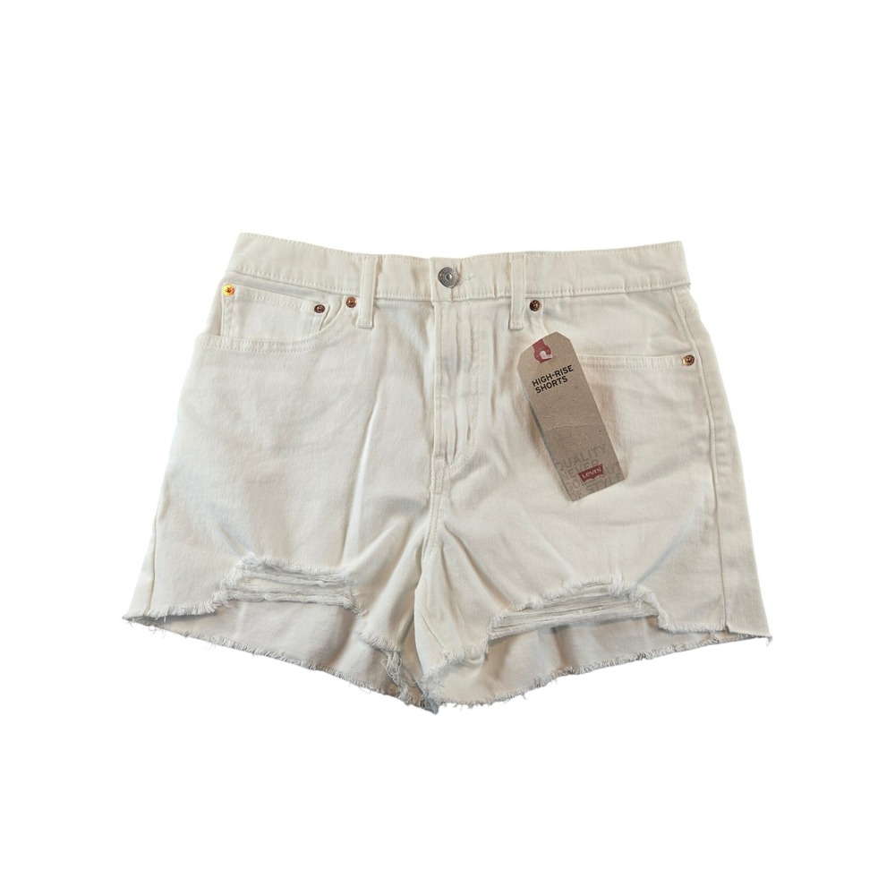 Levis High-Rise Shorts Womens 12 W31 White Denim Distressed Raw Hem 728780022